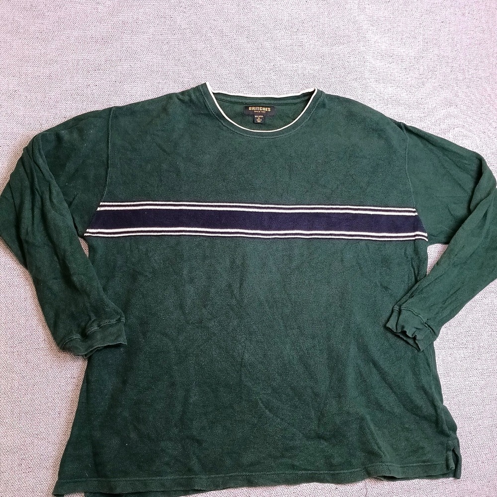 Britches Long Sleeve Shirt Mens XL Green Excellent Striped Textured Cotton Knit